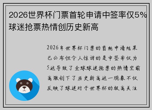 2026世界杯门票首轮申请中签率仅5%球迷抢票热情创历史新高