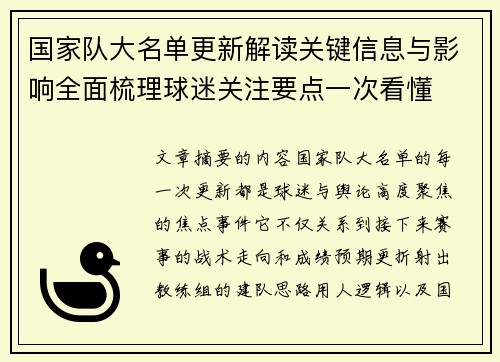 国家队大名单更新解读关键信息与影响全面梳理球迷关注要点一次看懂 国家队大名单更新解读关键信息与影响全面梳理球迷关注要点一次看懂
