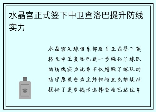 水晶宫正式签下中卫查洛巴提升防线实力